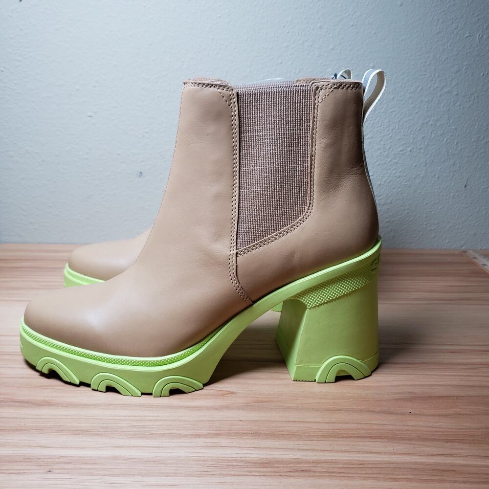Sorel Women's 11 Brex Chunky Heel Chelsea Boot Tan Lime Green Bratz Go-Go New